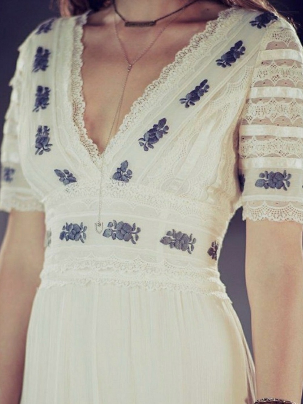 Free people Candela Starlight Cream Lace Dress with Blue Floral Embroidery